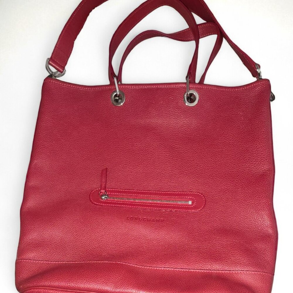 Longchamp Tote Bag - Red Leather Classic Design Double Handles Toggle